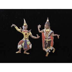 Vintage Designer Siam Enamel Thai Dancer Couple Brooch Pin Set of 2